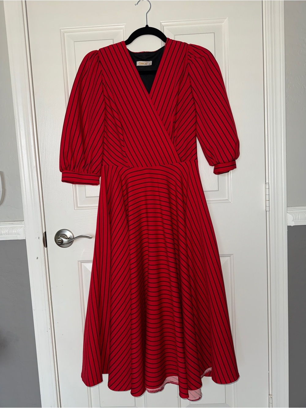 Red Striped Wrap Midi Dress with Puff Sleeves by ONCU